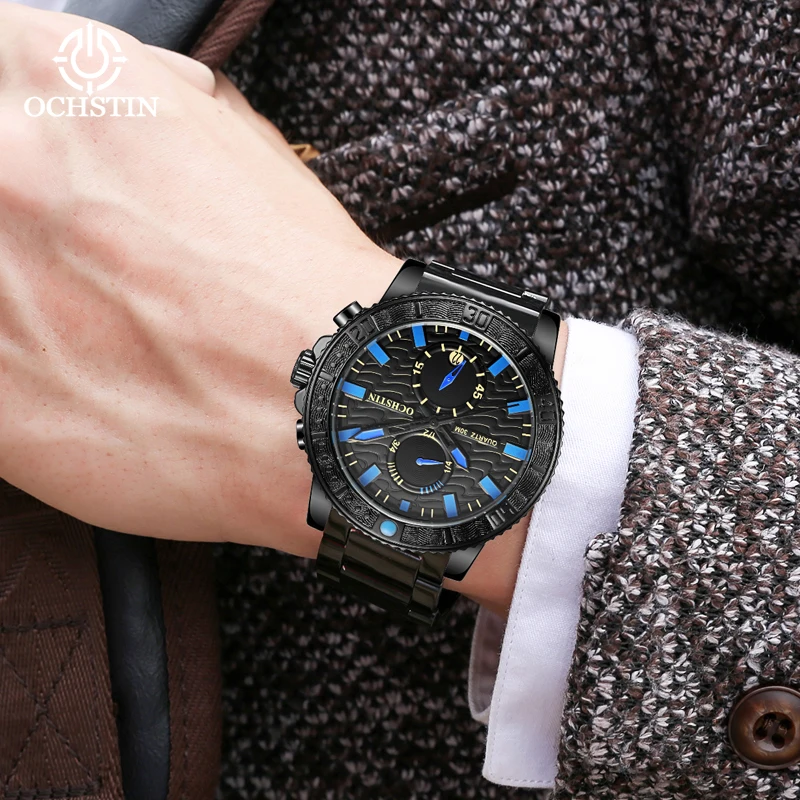 OCHSTIN Men's Stainless Steel Band Retro Pilot Commute Timepiece Multi-functional Quartz Movement Waterproof Male Wristwatch