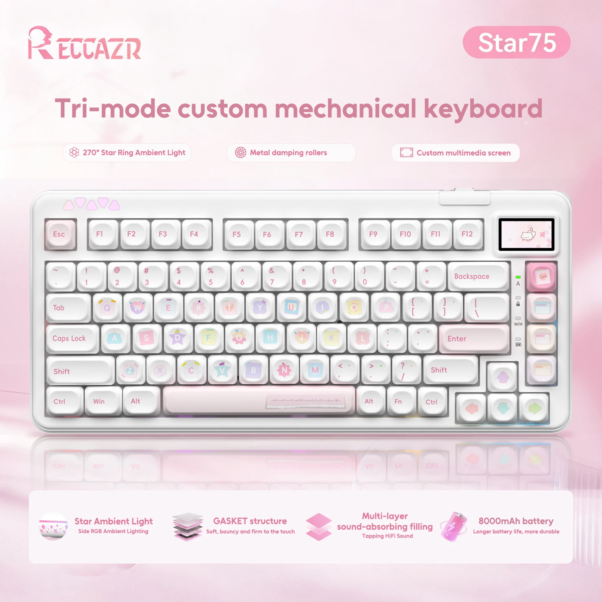 RECCAZR Star75 Wireless Pink Cute Gaming Wireless Mechanical Keyboard 75% Bluetooth 2.4G RGB Hotswap Gamer Keyboard For Girl