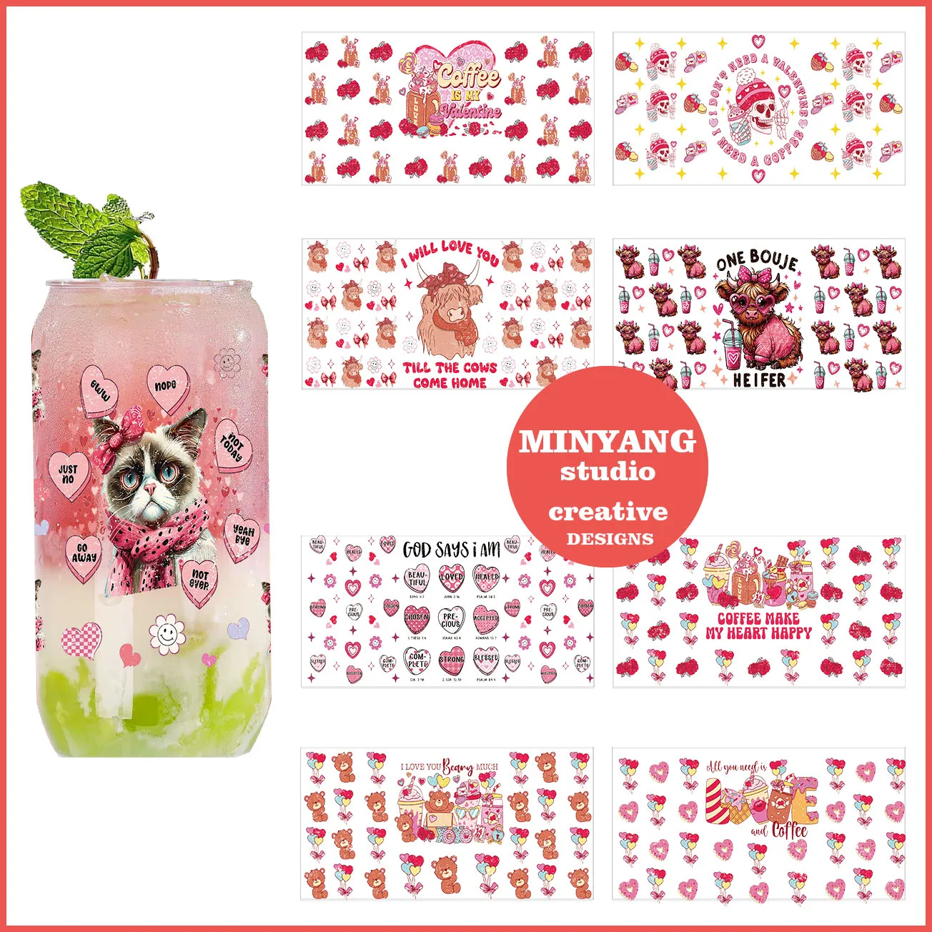 

Love Coffee easy peel waterproof DIY Decals 3D transfers uvdtf crystal stickers 16oz uv dtf cup wraps for Libbey Glasses