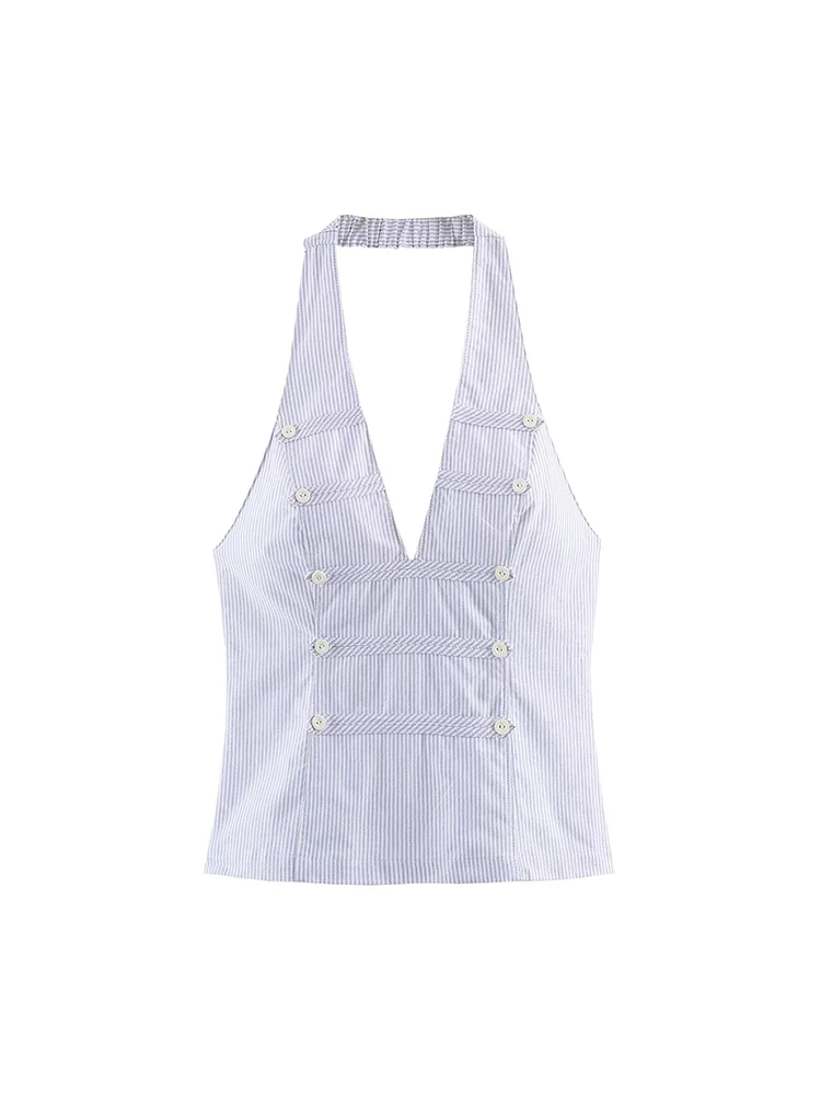 2026 New Women's Striped Halter Top V-Neck Double-Breasted Button Decor Sleeveless Short Tank Top Summer Female Daily Top