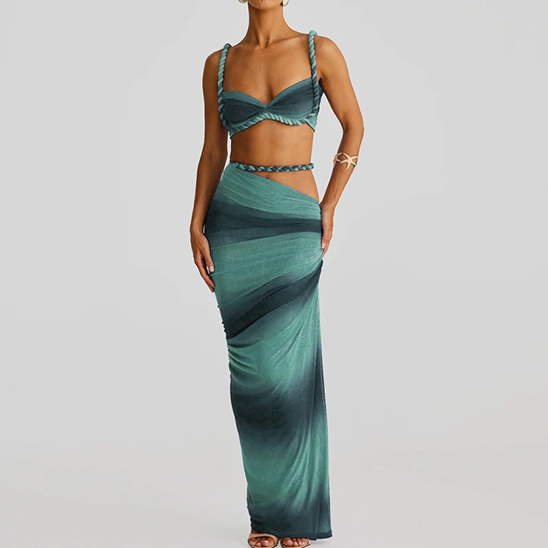 

Летний комплект для отпуска: новый сексуальный топ-бра без рукавов и длинная юбка, пляжный костюм, простой однотонный комплект с открытым животом для женщин