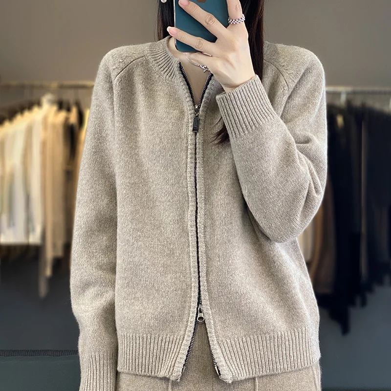 Round Neck Cashmere Thickened Jacket Women's Autumn Winter Zippered Solid Color Warm High-Quality Wool Knit Cardigan Sweater