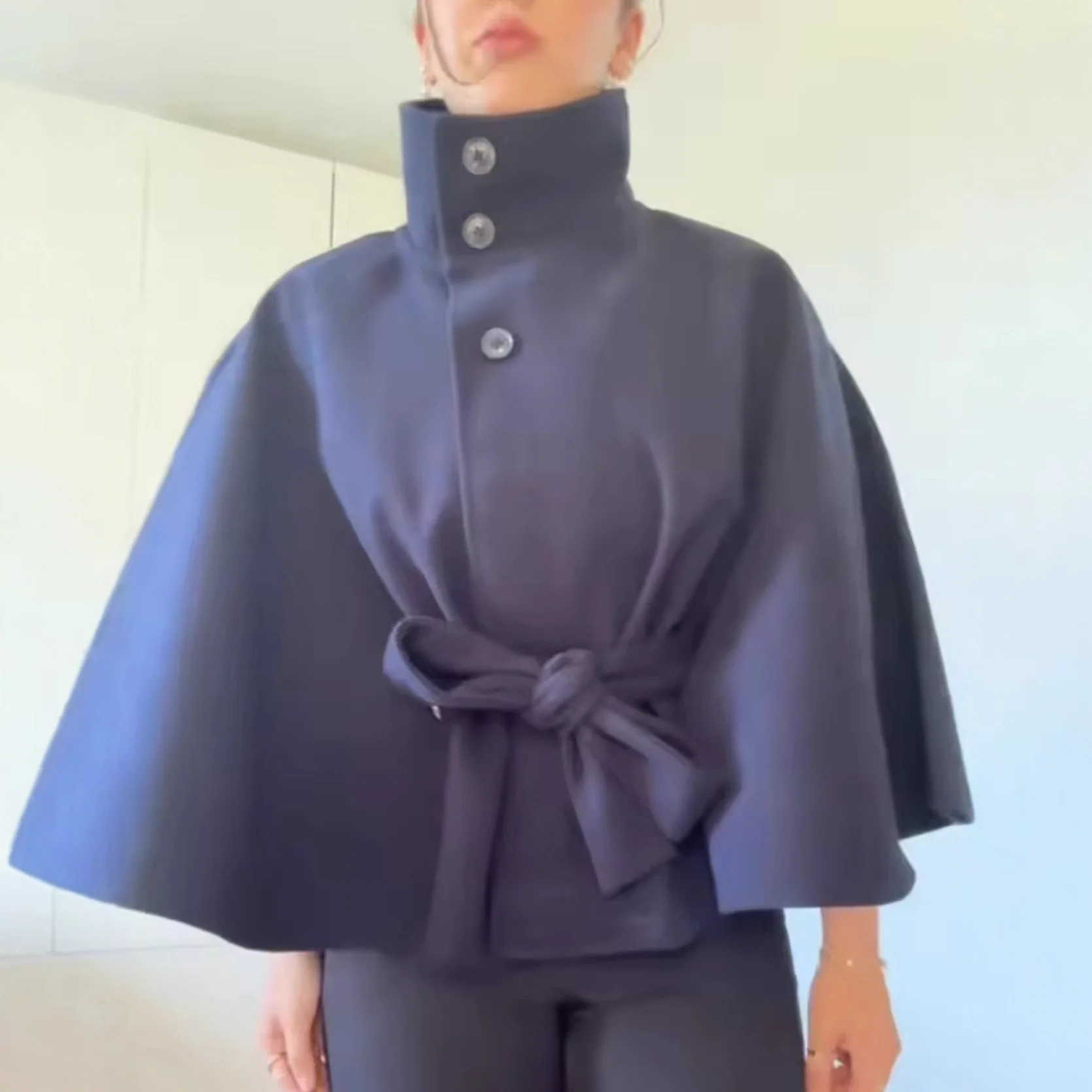 Popular Women's Fashion Loose Stand Collar Bathrobe style Coat with Belt and Coat - In Stock