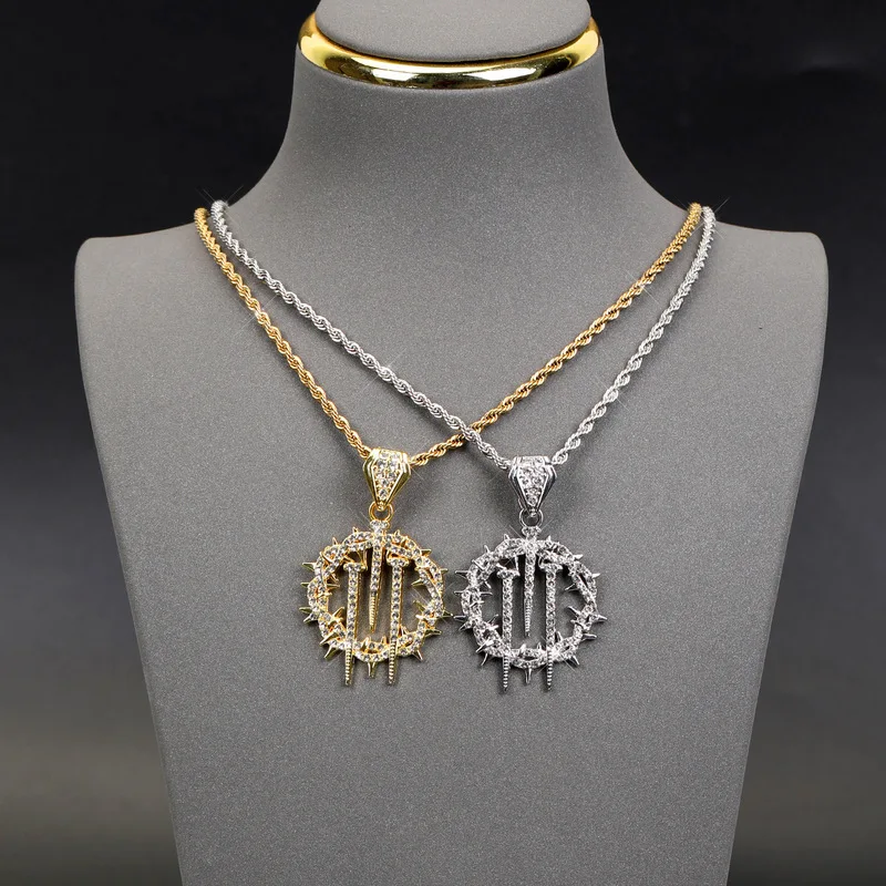 B&C Iced Barbed Wire Round Nail Pendant Chain Mens Trendy Hop Street Wear Neck Decoration