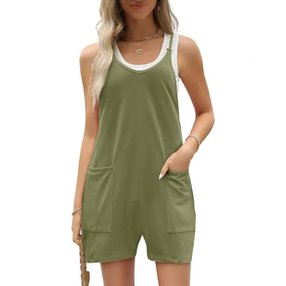 Rompers Loose Pockets V Neck Pure Color Sleevless Adjustable Shoulder Strap Deep Crotch Daily Short Rompers womans clothing