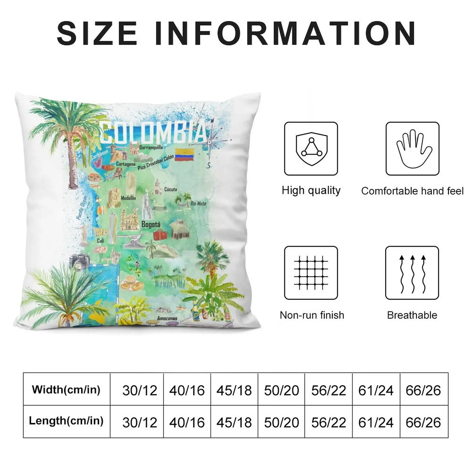 Colombia Illustrated Travel Map With Tourist Attractions And Highlights Throw Pillow Pillow Case Christmas pillow