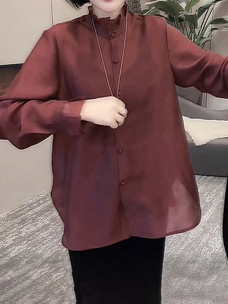 

Повседневная корейская женская рубашка с воротником-стойкой, однотонная, свободного кроя, стройнящая, простая, универсальная, модная, с длинным рукавом