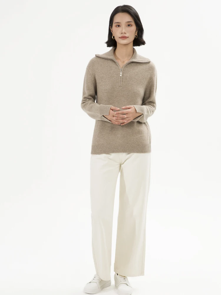 High End Women 100%Cashmere Sweater Half Zipper Turn-Down Collar Pullover Basic Style Cashmere Knitwear Autumn Winter Tops