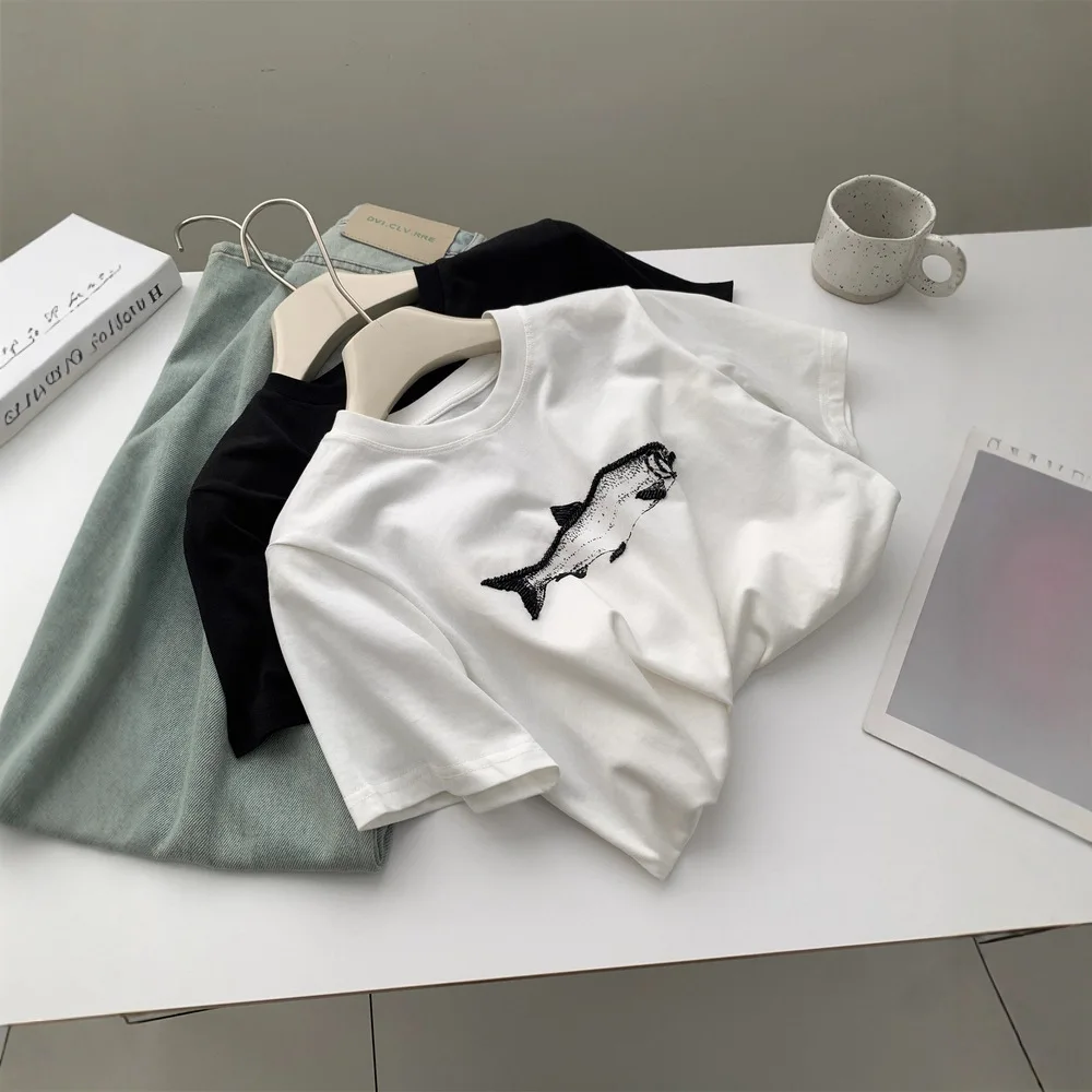 

Beaded Fish Print Short Sleeve White T Shirt Women's Loose Round Neck T-shirt Summer White Tee