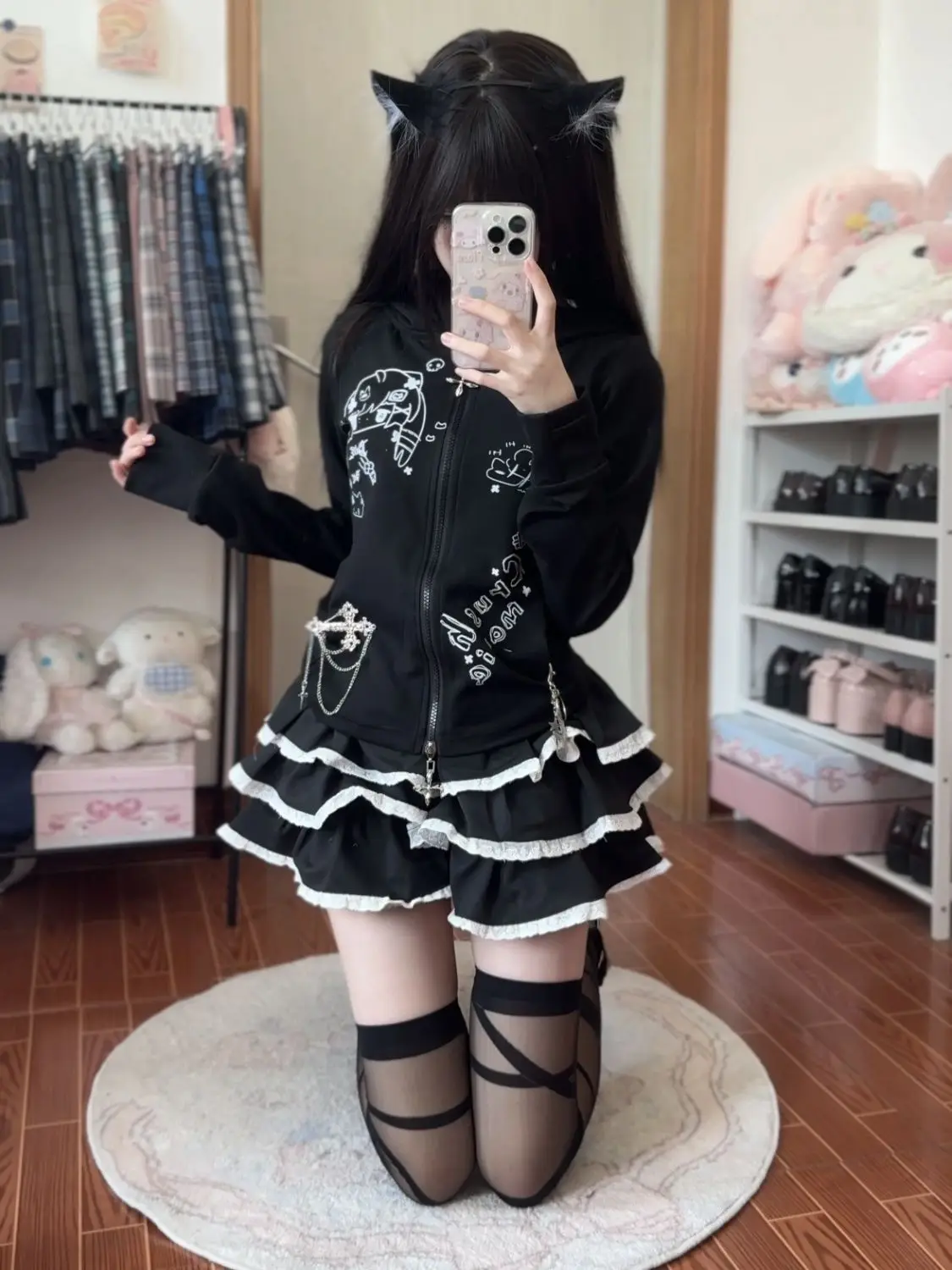 

Японский Y2K Spicy Girl Slim Fit Универсальный аниме кошачьи уши (хлеб в форме кошачьих ушей на пару) Кардиган с капюшоном Пальто Комплект юбки