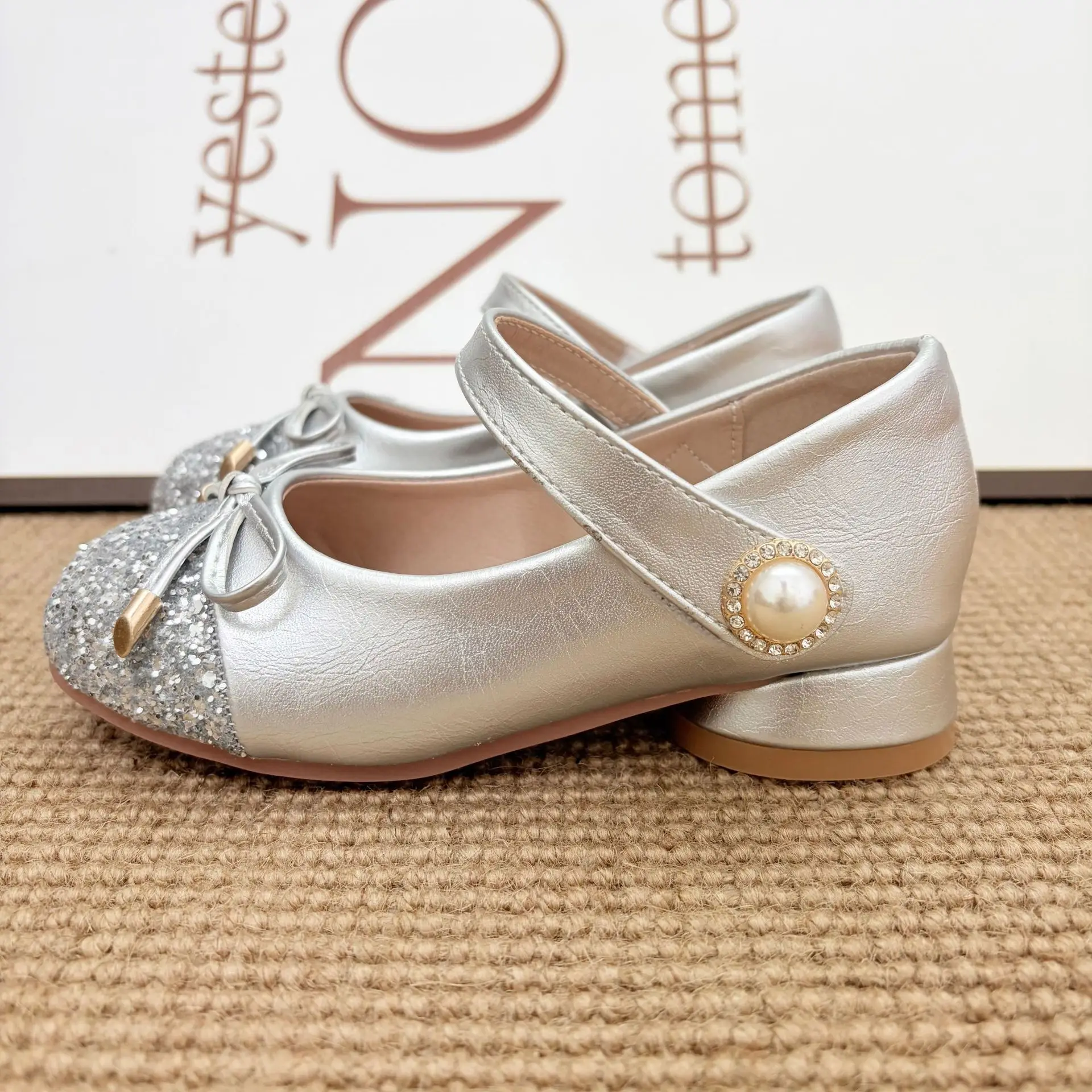 Kids'Casual Shoes Girls PU Leather Sequin Spring Bow Fashion Outdoor High Heels Breathable Anti-slip Designer Silver Size 23-35
