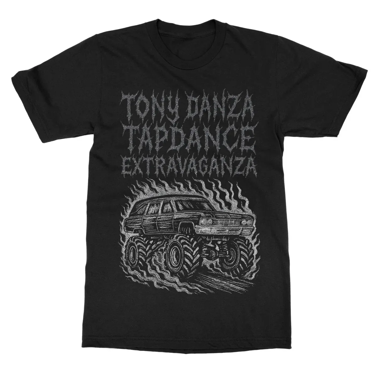 The Tony Danza Flaming Monster Wagon Graphic T Shirt, Retro Grunge Sketch Art Print with Sharp Death Metal Band Lettering