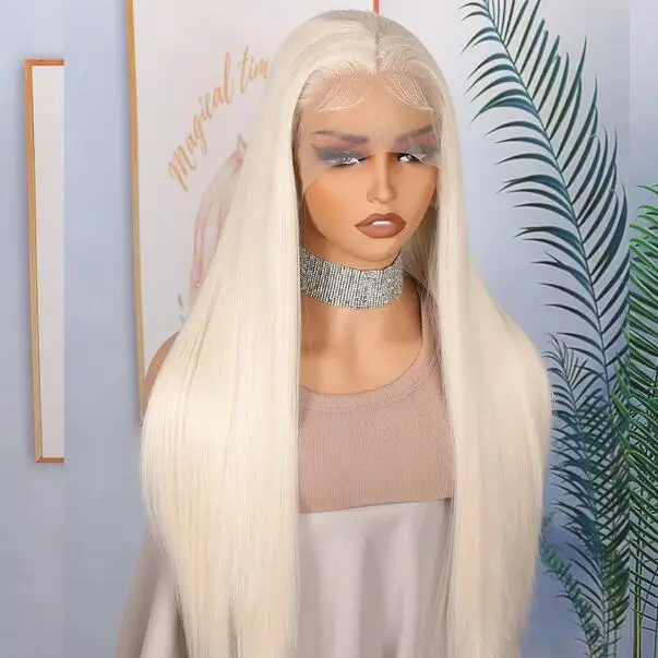 

Soft Preplucked Ash Blonde White 26Inch Straight Lace Front Wig Synthetic With Baby Hair Glueless Daily Wear Wigs