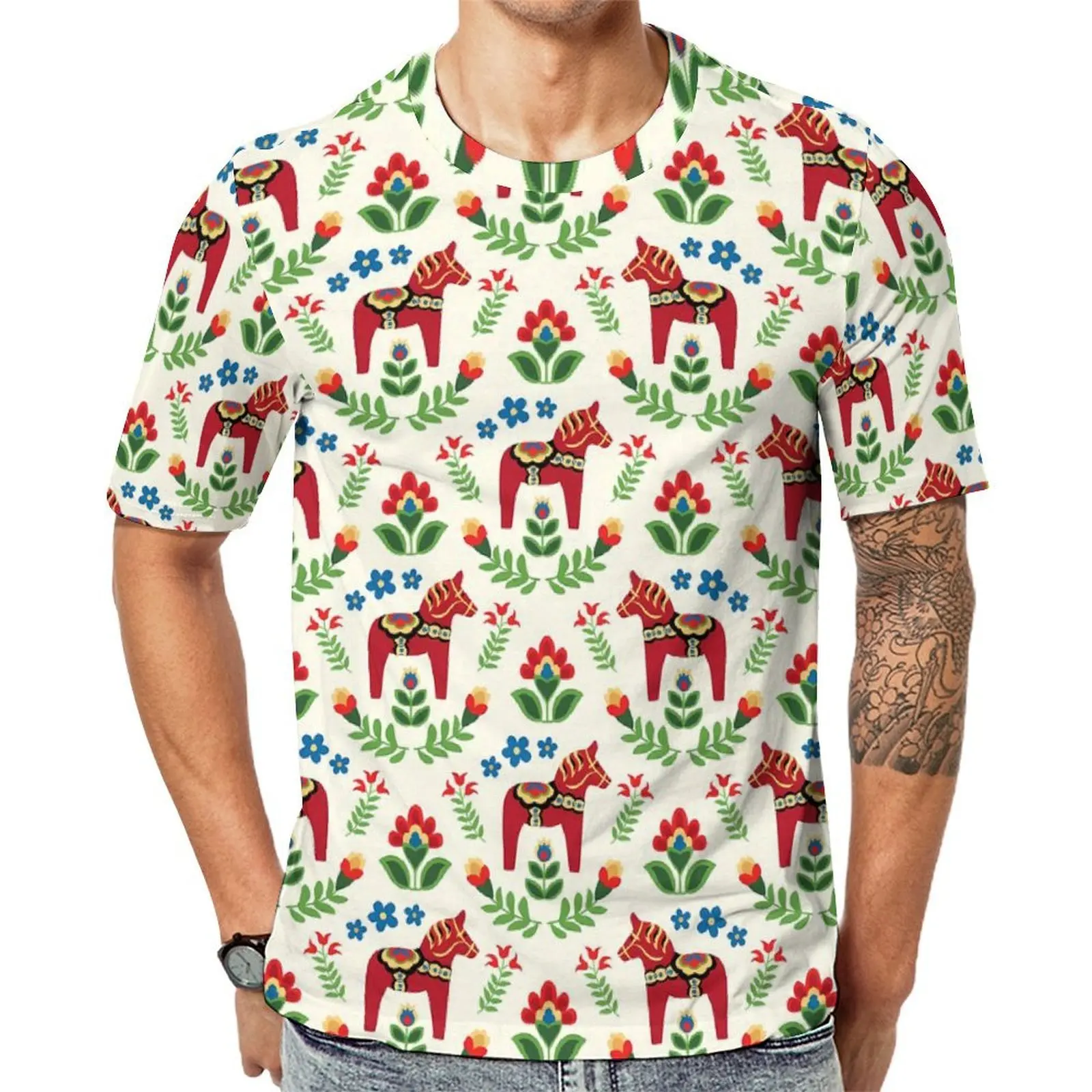 Oversized T Shirt Beach Dala Horse T-Shirts Animal Pirnt Y2K Fun O Neck Tshirt Man Retro Printed Top Tees