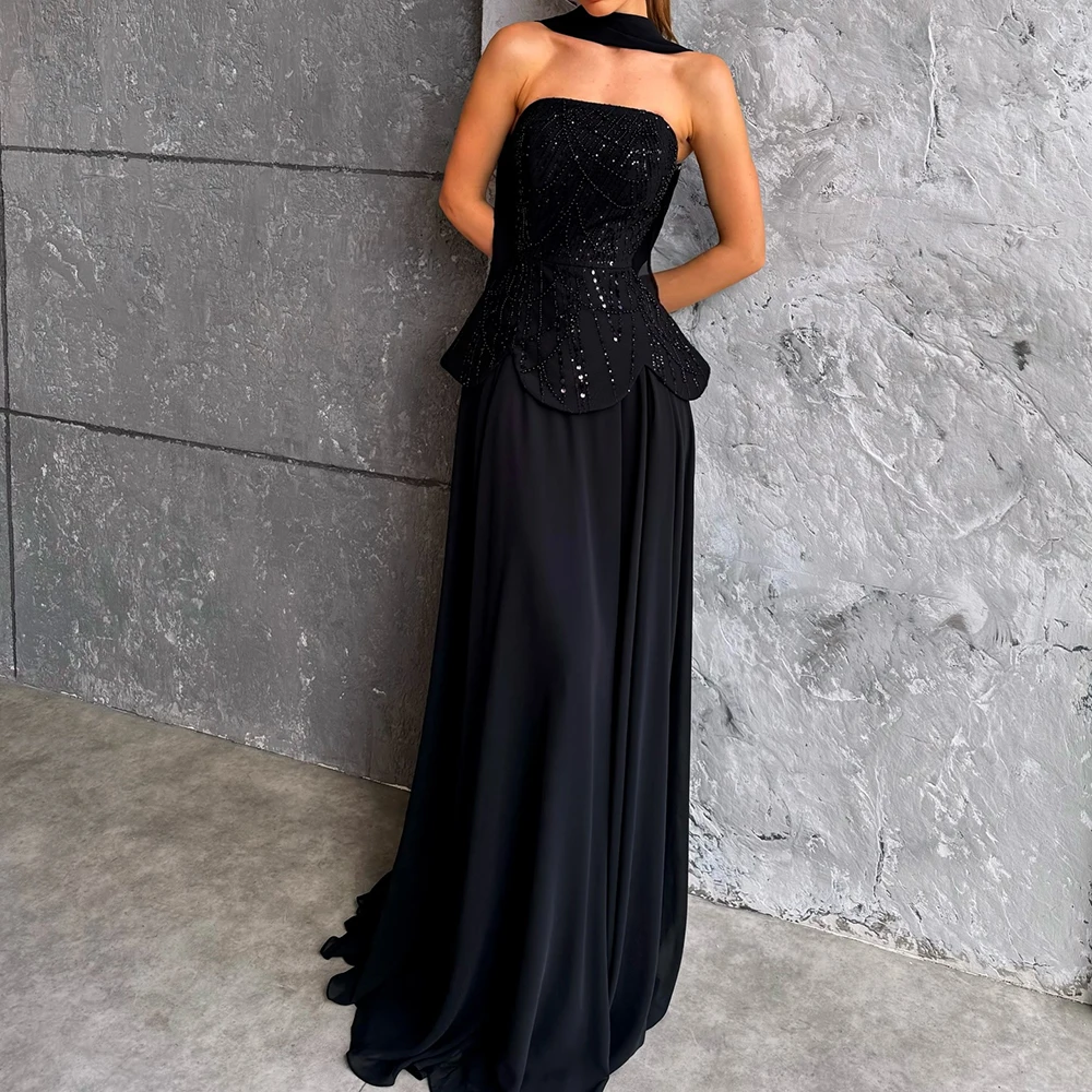 Vestidos de Noche acampanados personalizados, vestido de fiesta sin mangas hasta el suelo sin tirantes, vestido de fiesta drapeado Simple con cuentas y lentejuelas a la moda