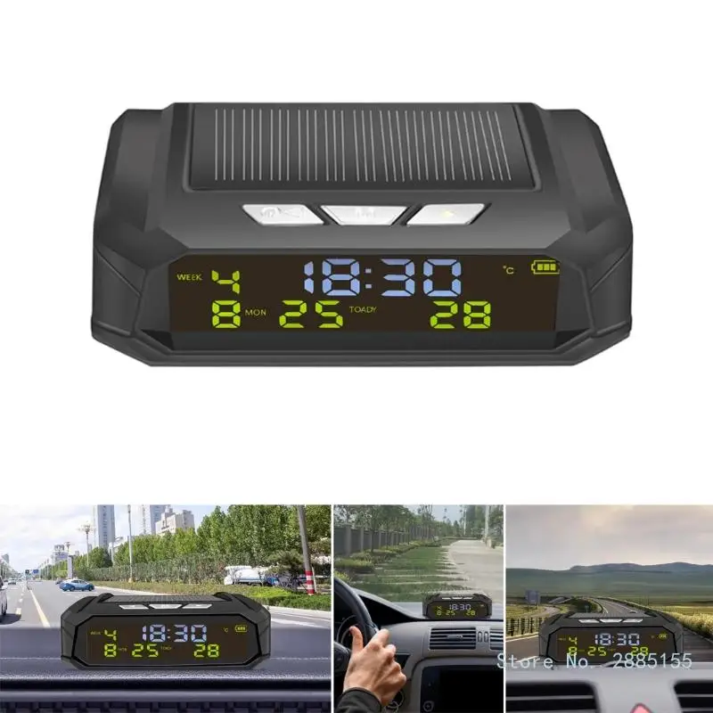 Car Clock Solar Powered LCD Digital Clock with Week Calendar Time Temperature Display Automotive Interior Accessories