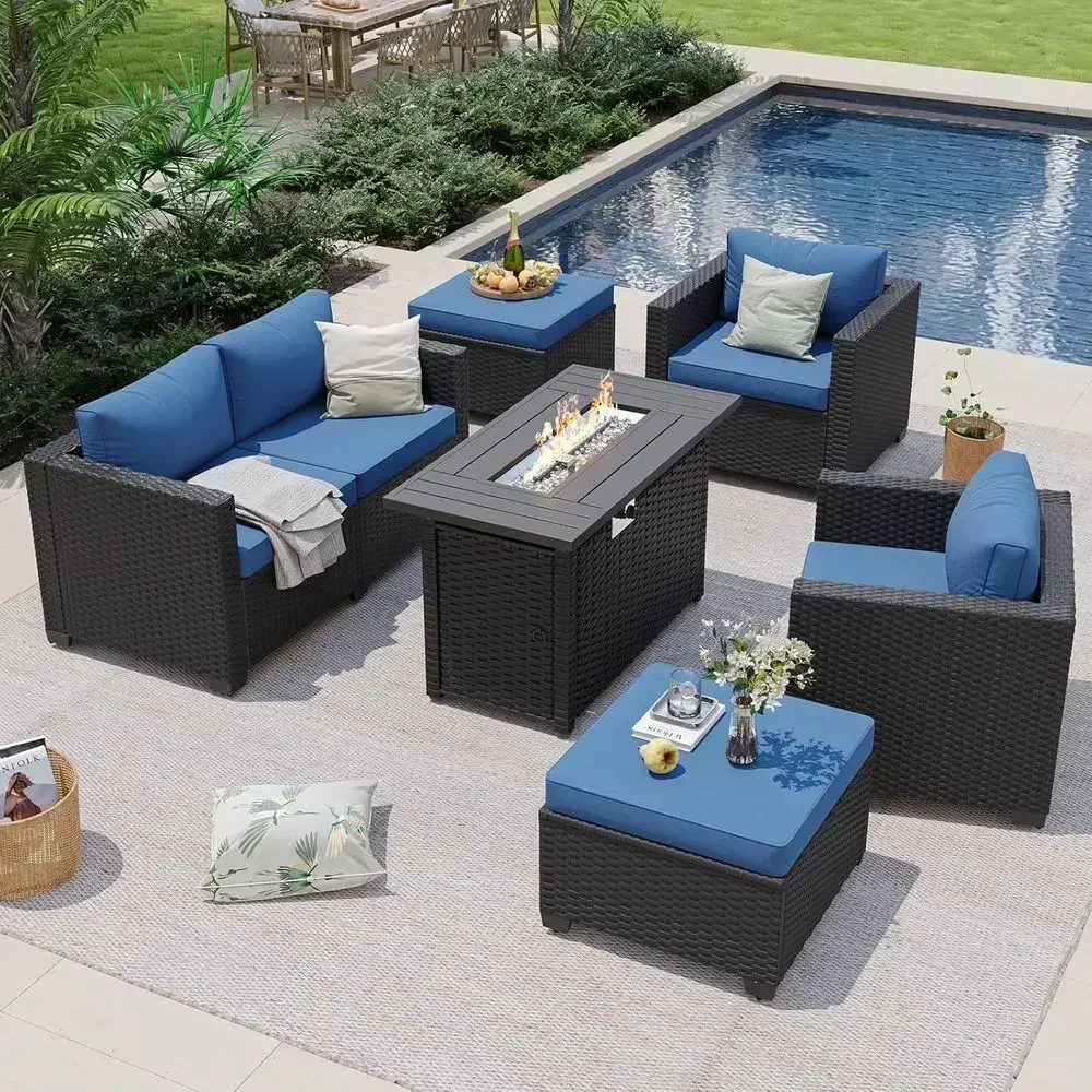 6-Seat Outdoor Patio Furniture Set with Fire Pit Table and Wicker Ottomans, Navy Blue Rattan Sectional Sofa with Cushions & Wate