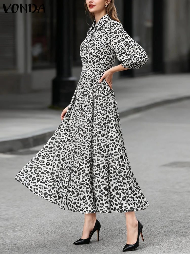 Платье больших размеров VONDA, модное платье макси с леопардовым принтом, женское осеннее платье-рубашка с рукавами-фонариками, плиссированное элегантное вечернее платье