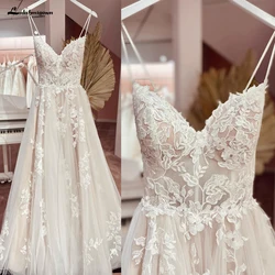 Lakshmigown Vintage Champagner Tüll Brautkleid Maßgeschneiderte A-Linie Spitze Applikationen V-Ausschnitt Rückenfreies Brautkleid abito da sposa