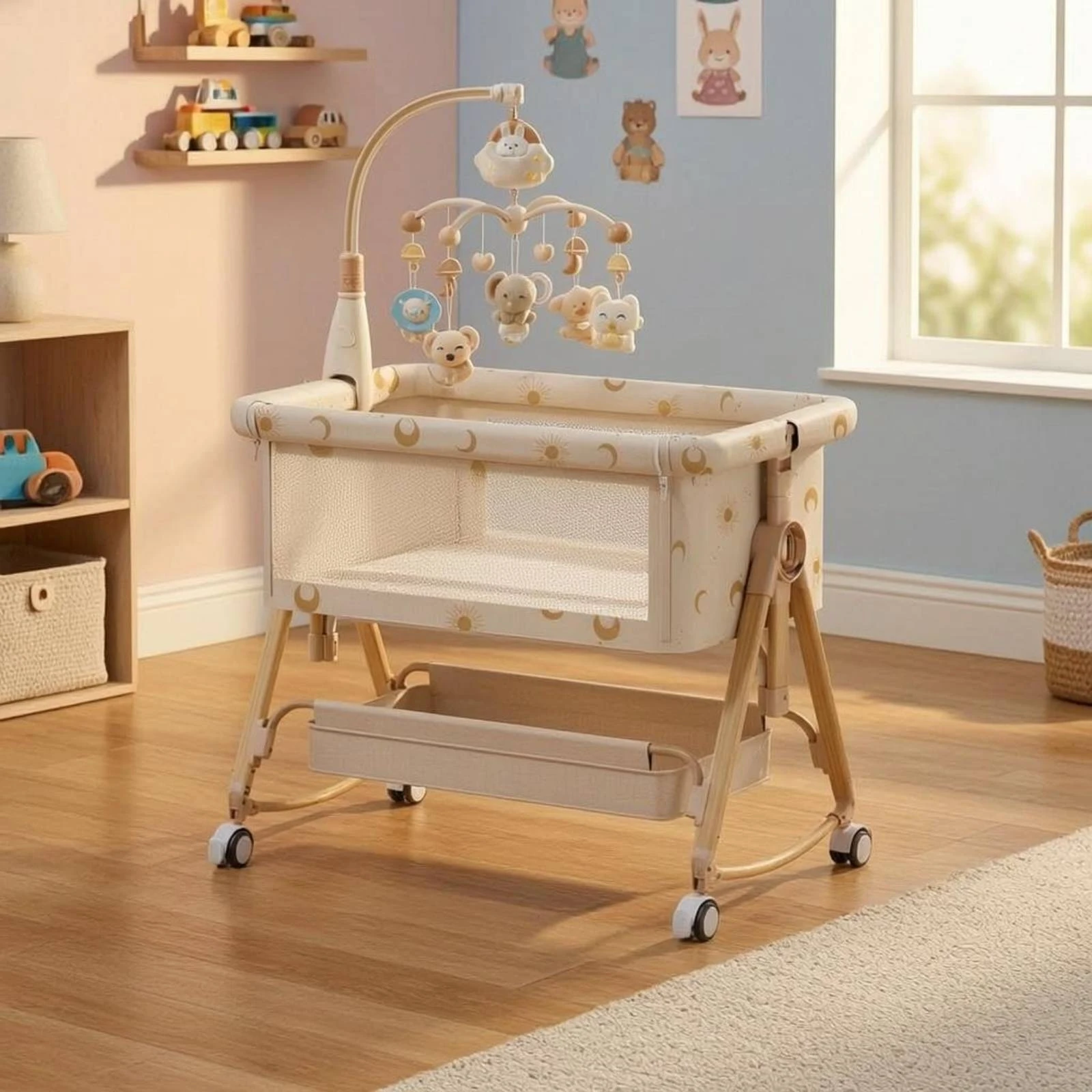 Baby Bedside Crib Multifunction Portable Crib Folding Baby Bed Easy to Assemble Folding Bassinet Storage Pocket for Babies