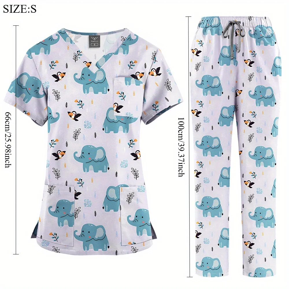 Women's 2026 V-Neck Scrub Top with Cartoon Print Breathable Nurse Uniform Set