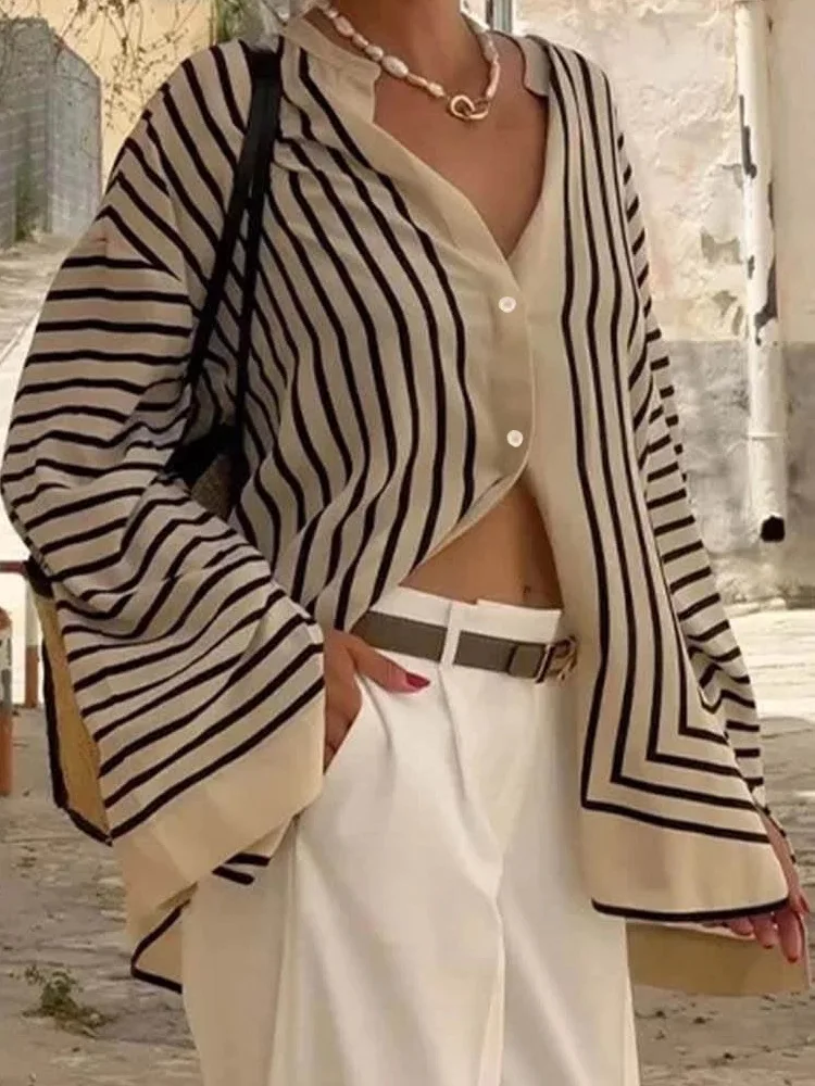 

Женская рубашка с длинным рукавом в полоску, повседневная, свободного кроя, с круглым вырезом, на пуговицах, из полиэстера, стандартной толщины