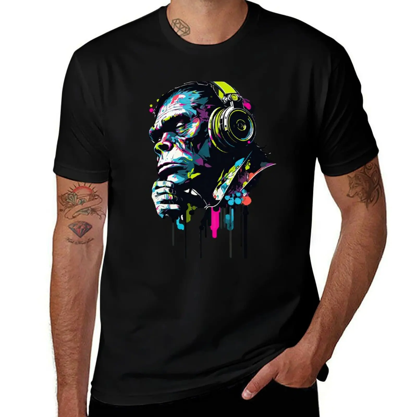 Monkey Thinker Music Lover art T-Shirt Minimalist Casual Short Sleeve Top T-Shirt