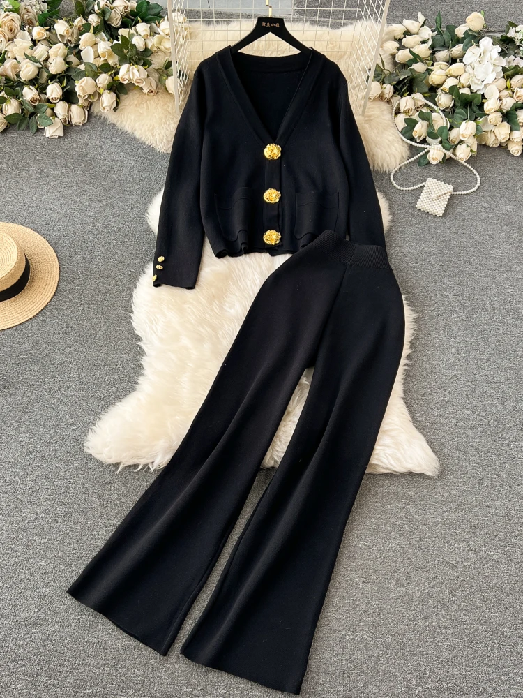 Women Casual Long Sleeved Cardigan Sweater Wide Leg Pants Knitted 2 Piece Set Y2k Korean Fashion Tide Elegant Suits Autumn 2024