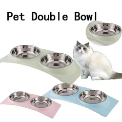 Pet Double Bowl Stainless Steel Dog Food Water Feeder removable dog cat food bowl Drinking Dish Basin Non-slip pet Supplies