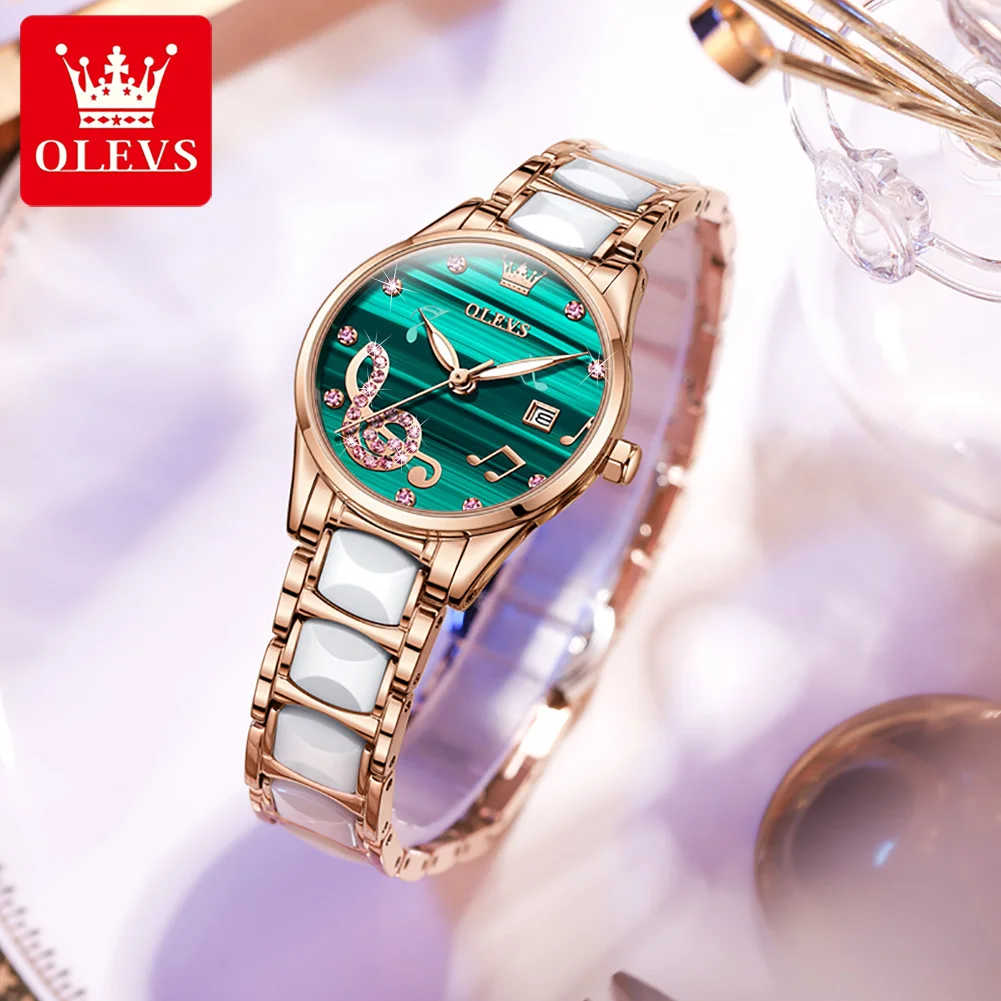 OLEVS 3605 ساعات نسائية العلامة التجارية الفاخرة موضة الأصلي ساعة كوارتز حزام السيراميك مقاوم للماء تاريخ الساعات للنساء Reloj