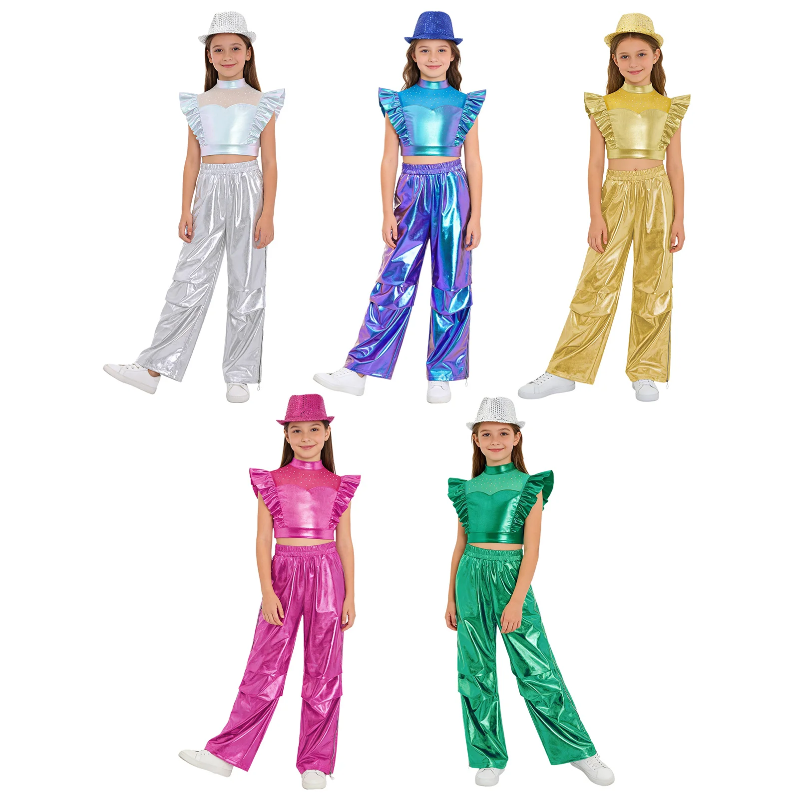 Girls Jazz Dance Sets Sleeveless Rhinestone Metallic Crop Top+Cargo Pants+Sequins Hat Set for Hip Hop Street Dance Performance