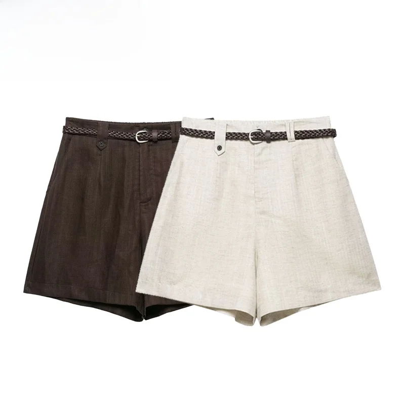 High Waist Casual Shorts Women's Fashion Belt Decorated Versatile High Waist Short Pants Polyester Fiber Straight Leg Pants