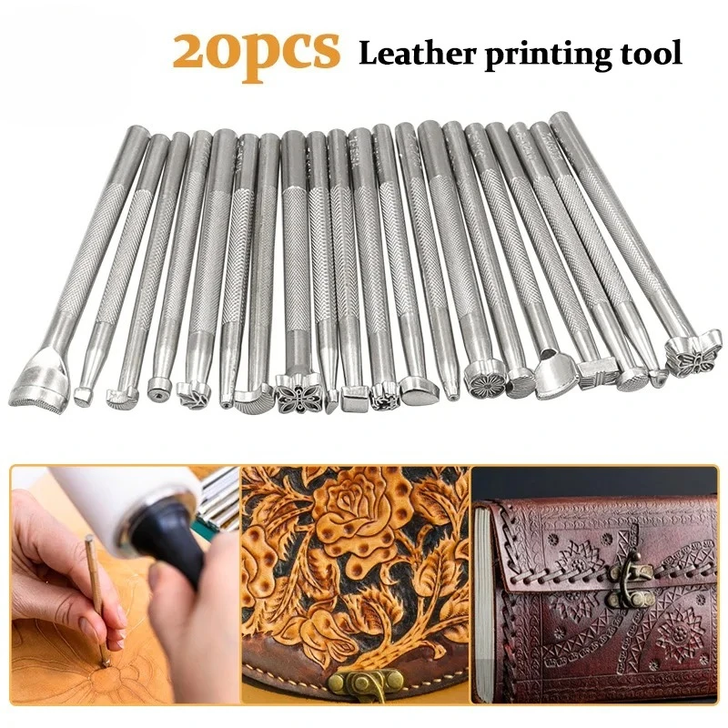 

Making Tools for Leather Craft DIY Artwork 20pcs Leather Stamp Printing Tool Kit Alloy Stamp Punch Set Carving Saddle