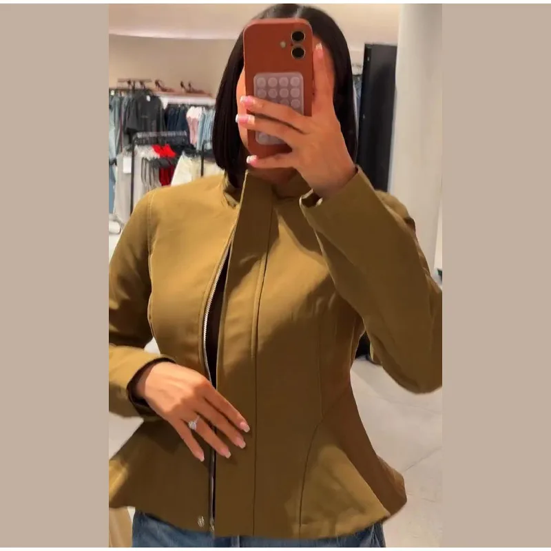 Damenmäntel mit Stehkragen, Langen Ärmeln, Tailliertem Schnitt, Rüschen, Kurze Jacken, Herbst, Reißverschluss, Einfarbig, Schlanker Schnitt, Neue Oberbekleidung – Detail 4