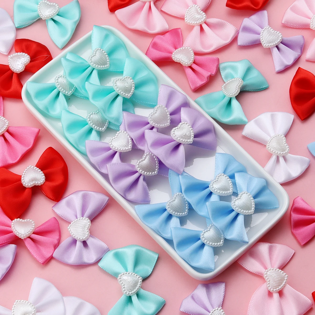 20pcs/pack 3.5x4.5cm Polyester Waistband Bow With Imitation Pearl Heart For Making Clothing Bags Shoes Decoration Accessories