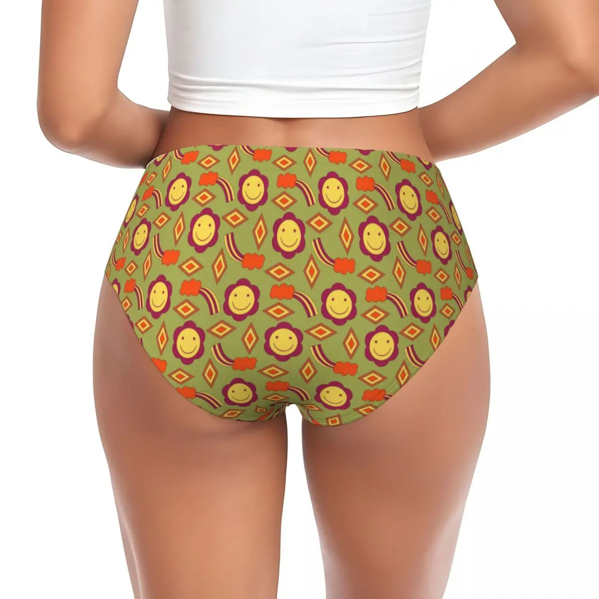 Custom Groovy Y2k Retro Pattern With Flower Smile And Rainbow Brief Panties for Women Breathable Stretch Underwear