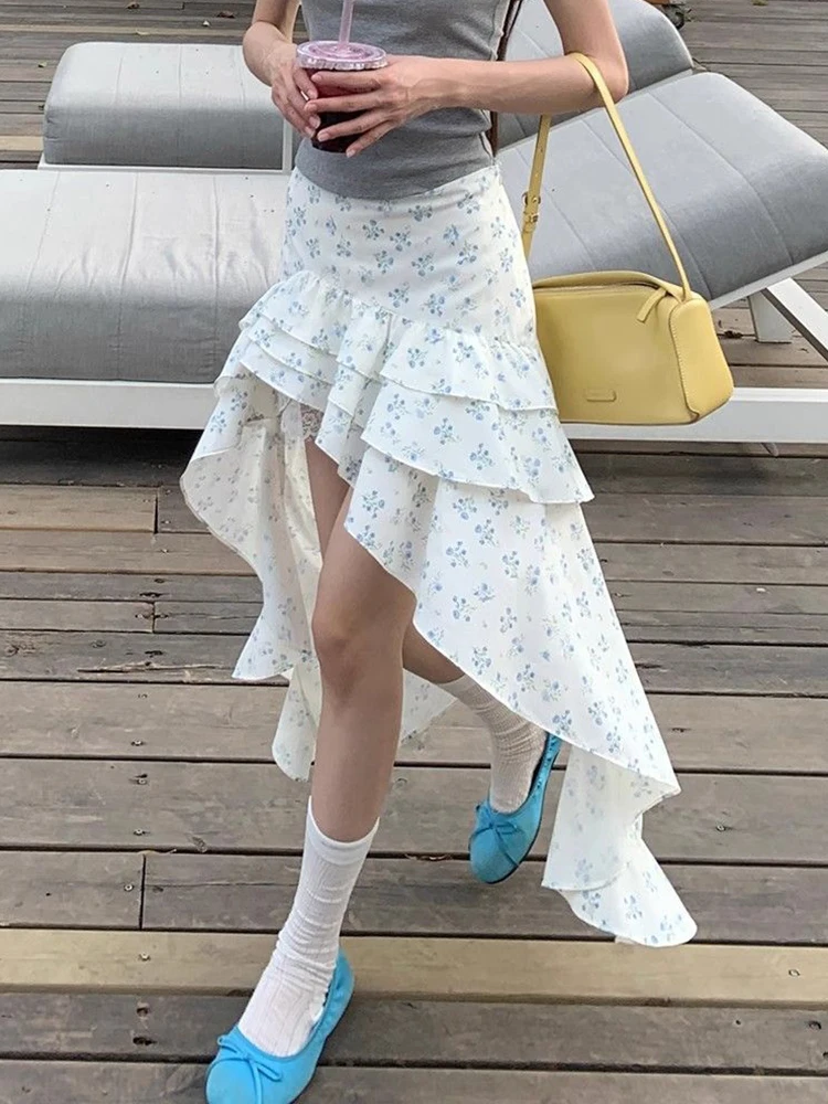 Jmprs Sexy Irregular Floral Long Skirt Women Vintage Casual Elegant Ruffles Skirts Sweet French Retro Slim Female Summer Skirts