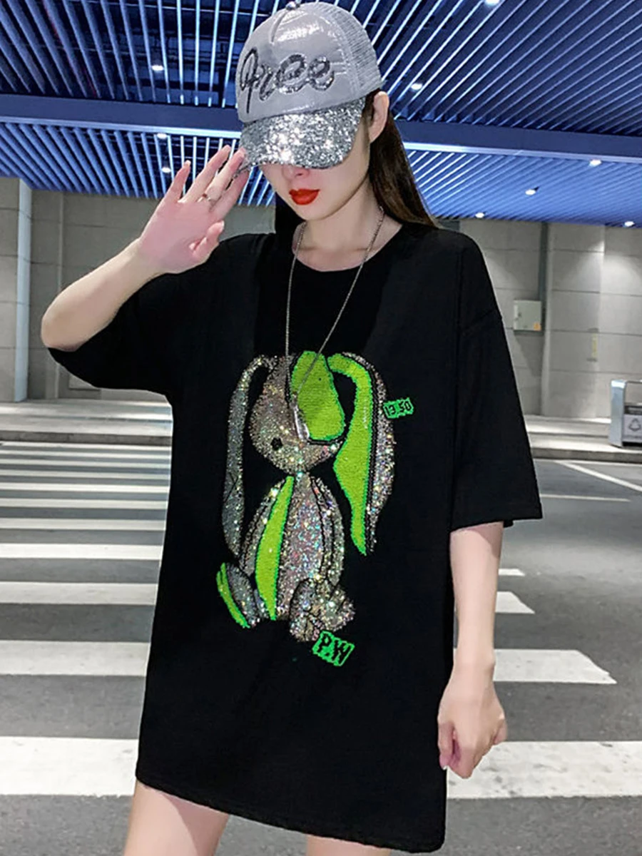 Cool Black Tshirt Streetwear Summer Diamonds Rabbit T Shirt Women Harajuku Short Sleeves Tops Tee Funny Hip Hop Oversized Tshirt