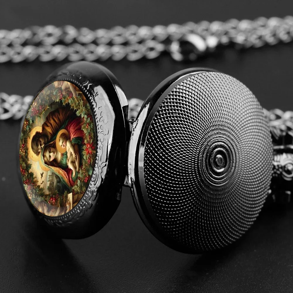 ساعة جيب كريستيان كاثوليكية عتيقة مريم العذراء بيبي يسوع بتصميم قبة زجاجية مع سلسلة متينة هدية للجنسين للرجال #4