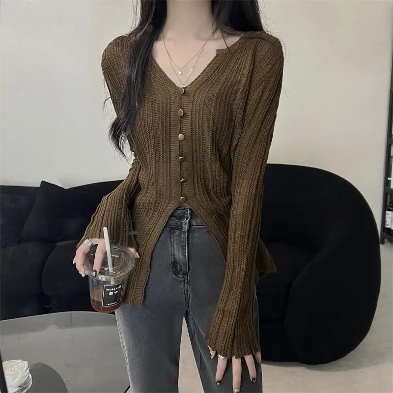 knitting Slit Hem Button Slim Long Sleeve top Women V-neck spring Autumn Soft Comfort bottoming shirt Suitable For 35-62.5 KG