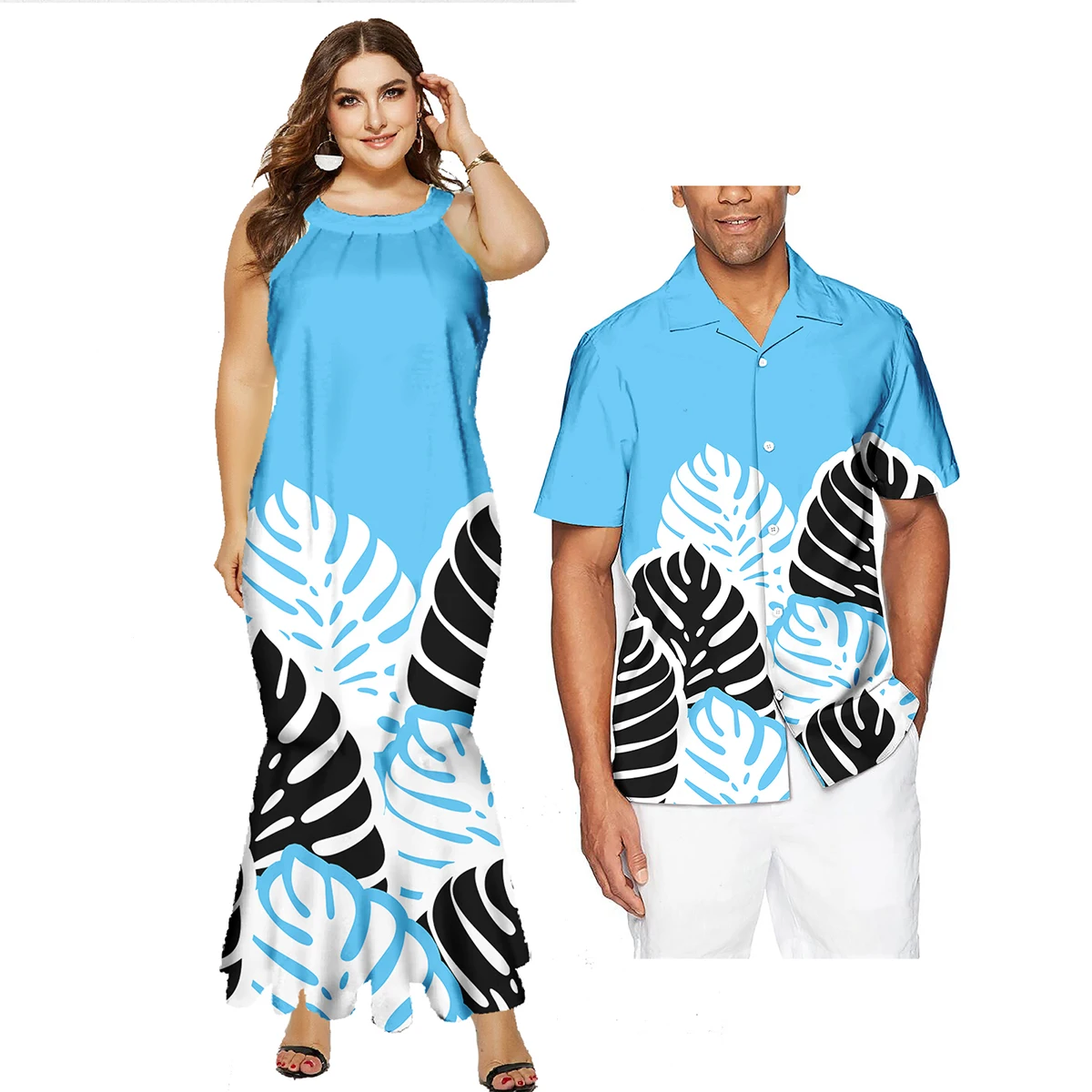 Tropical Floral Women Mermaid Dress Match Couple Dress and Shirt Polynesian Samoan Tribe Pattern Breathable Puletasi Couple Set