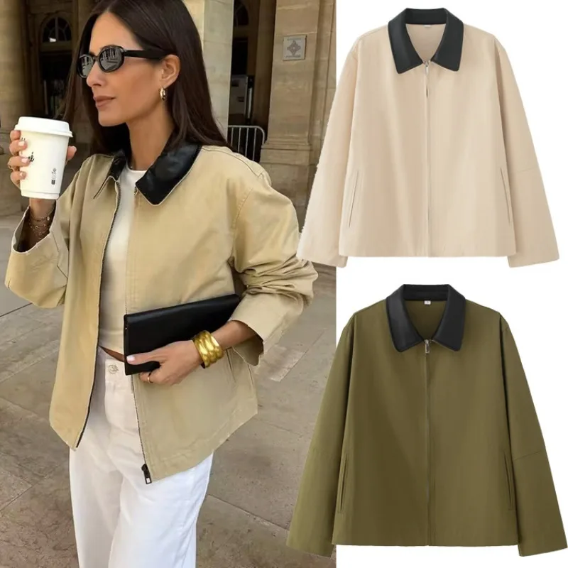 American Vintage Lapel Color-Block Cotton Women's Jacket