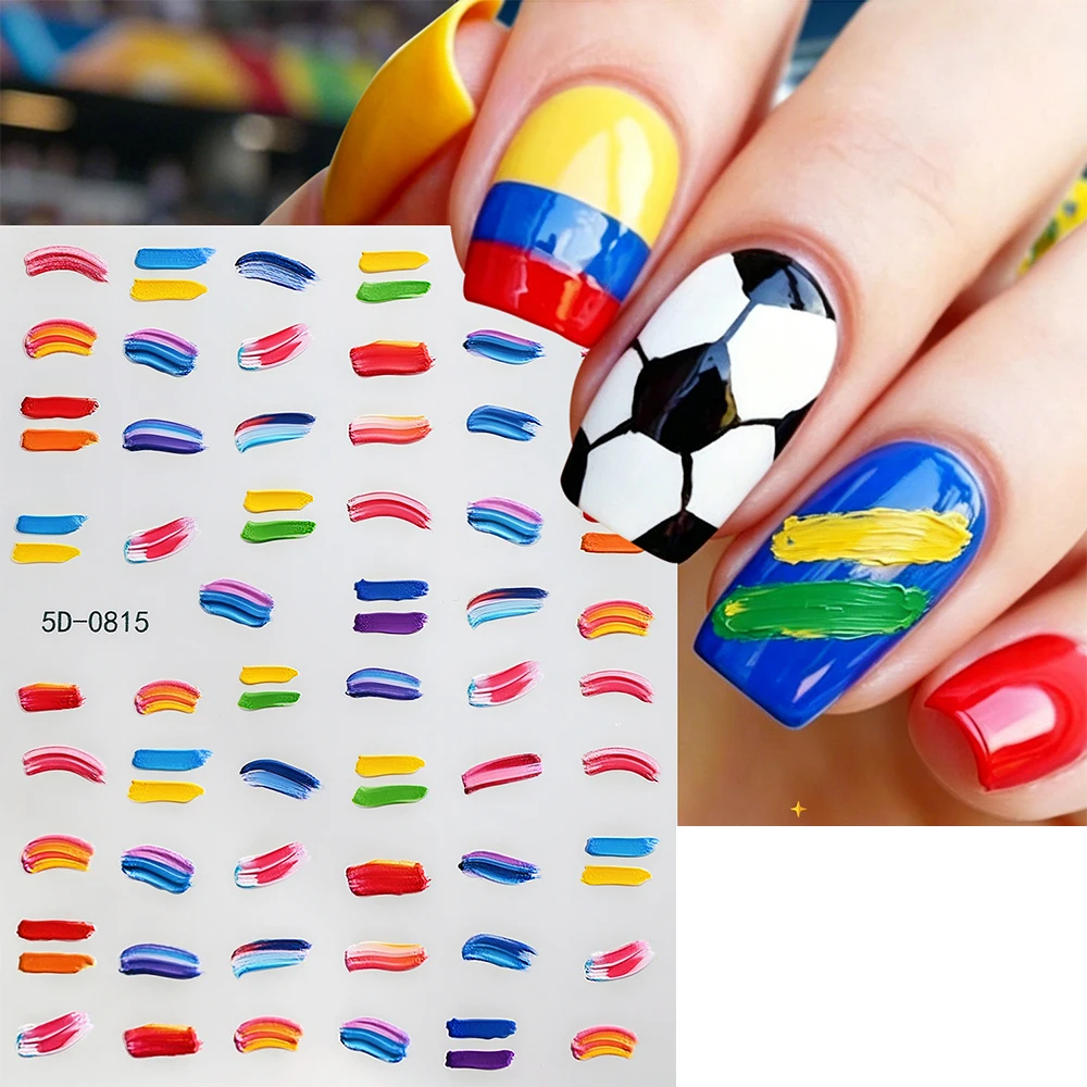 1Pcs Colored Brushes Graffiti Nail Sticker 5D Rainbow Oil Painting Abstract Line Football Game Sports Fans Nail Decals DIY Decor