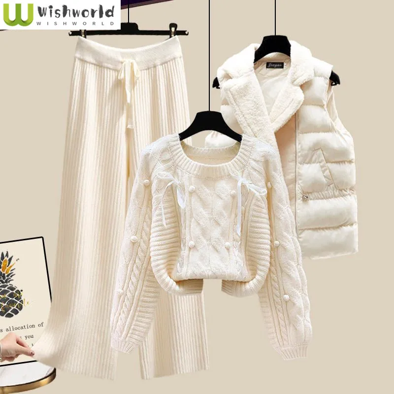 

Thickened Cotton Jacket Vest Knitted Sweater Pullover Wide Leg Knitted Pants Three Piece Elegant Women's Pants Set Winter