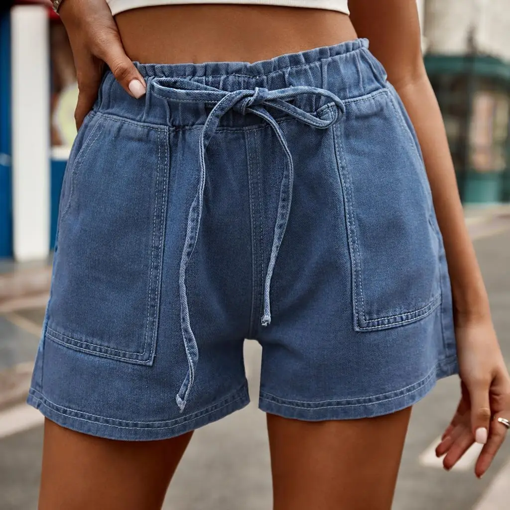 Drawstring Flower Bud Jeans Casual Pants 2023 New Summer Fashion  lace up Tight waist Denim Shorts With Pockets Pantalones