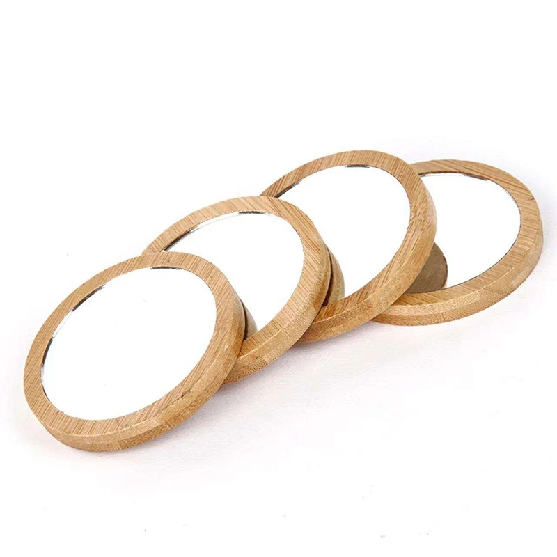 Portátil Round Wood Frame Maquiagem Espelho, Bambu Espelho de Mão, Espelho Cosmético, 1 Pc, 2 Pcs, 3Pcs