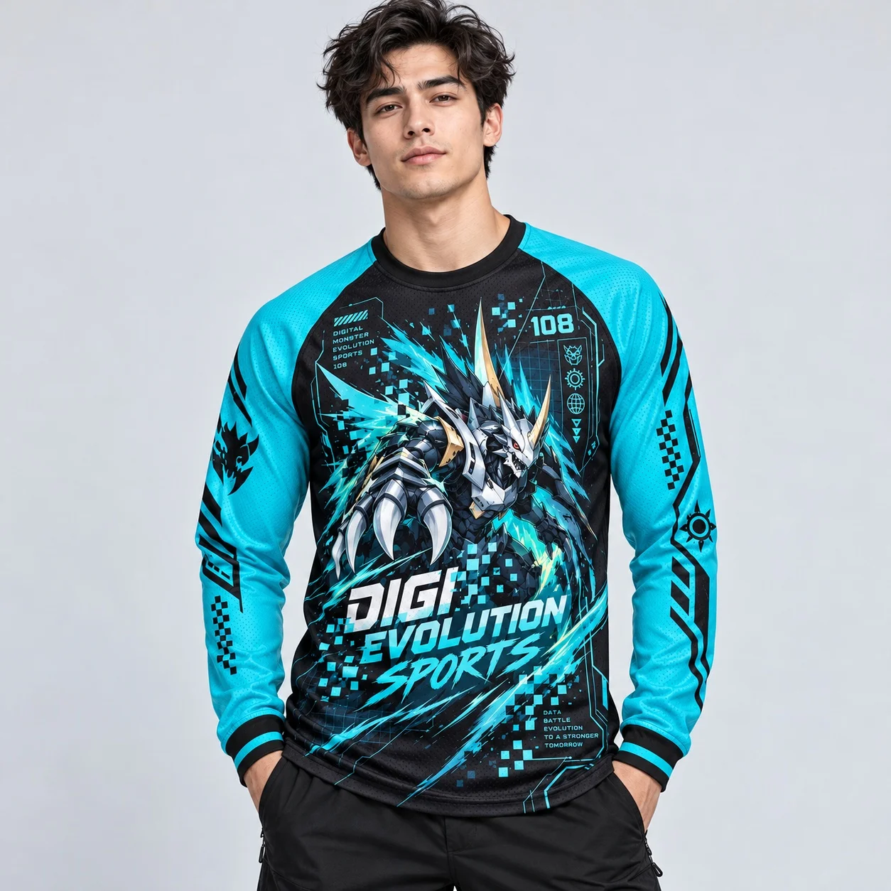 Digimon Mens Long Sleeve Shirt Digital Evolution Monster Graphic Anime Sports Jersey Cyberpunk Streetwear