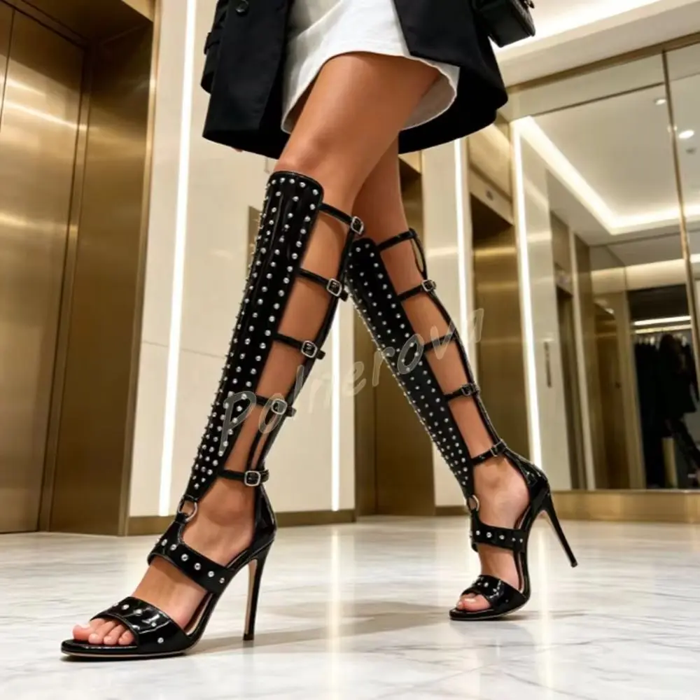 Studded Knee High Gladiator Sandals Open Toe Multi Buckle Straps Stiletto High Heels Shoes Hollow Summer Knee High Sandals Boot
