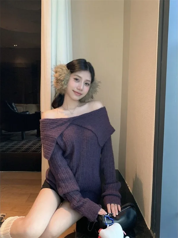 Cisas Nieuwjaar Rode Gebreide Trui Dames Loose Fit Casual Sle Long Sve One-schouder Turn-down Kraag Top