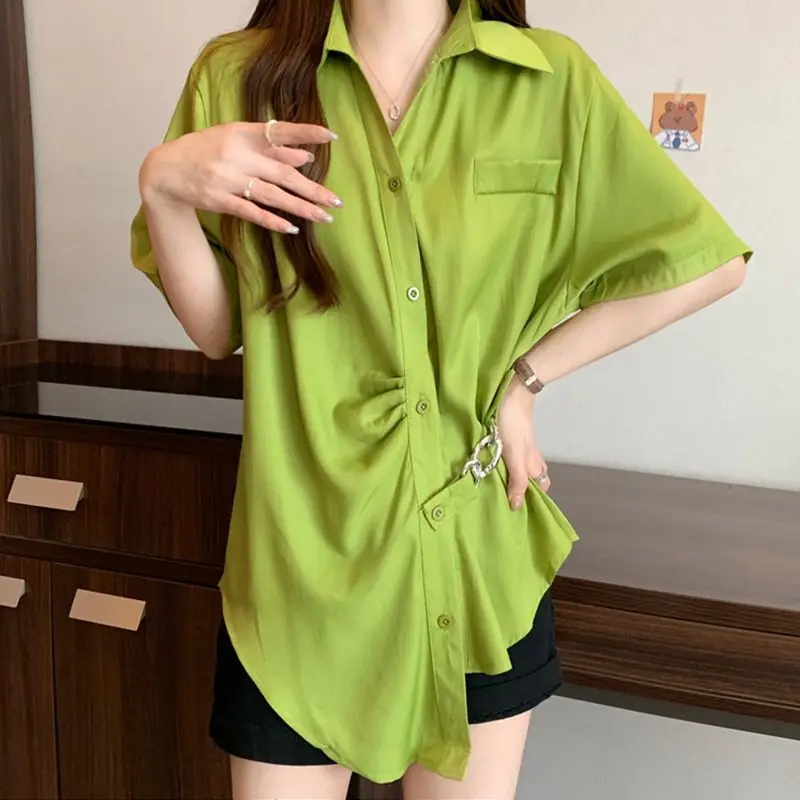 

Fashion Lapel Button Spliced Folds Irregular Polo Shirts Female Clothing 2025 Summer New Loose Casual Tops Asymmetrical T-Shirts